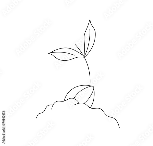 Vector isolated one small simple plant sprout seedling germ with leaves growing out of the seed ground colorless black and white contour line easy drawing