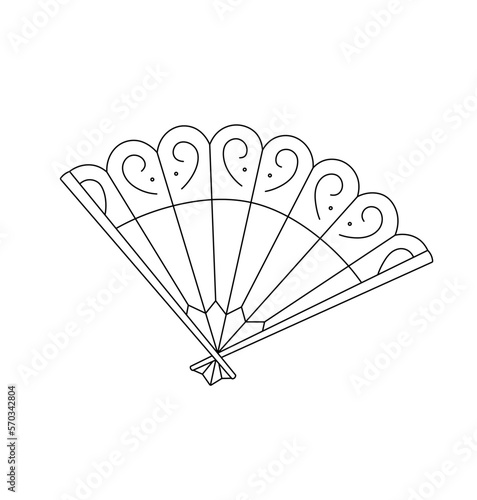 Vector isolated open ornate paper fan colorless black and white contour line easy drawing