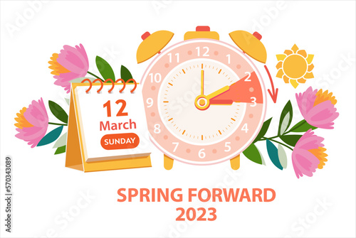 Daylight Saving Time Begins concept. Vector illustration. Spring Forward Time illustration banner