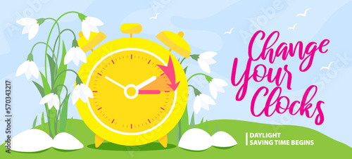 PrintDaylight Saving Time Begins banner. Spring Forward. Reminder guide with clocks change one hour ahead.