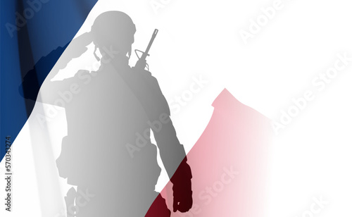 SIlhouette of a saluting soldier with France flag on white background. EPS10 vector