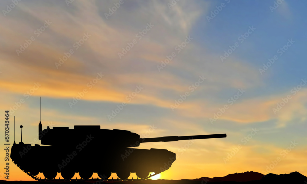 Silhouette of a main battle tank on a battlefield against the sunset. EPS10 vector