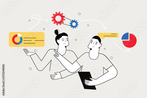 Teamwork line concept with people scene in the flat cartoon design. Two colleagues discuss a plan for joint work. Vector illustration.