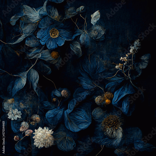 luxurious blue floral pattern with golden details ideal for backgrounds, generative AI 