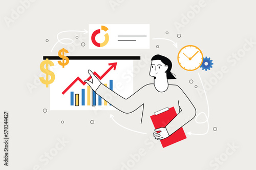 Business grow line concept with people scene in the flat cartoon design. Business woman analyzes rapid development of the company and increase in profit. Vector illustration.