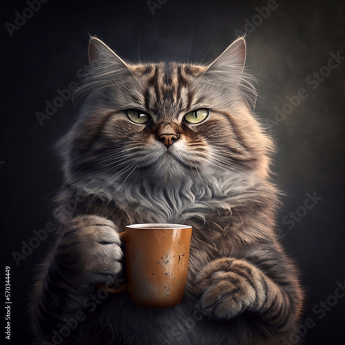 Illustration of cute cat holding cup of coffee, good morning (Generative AI)