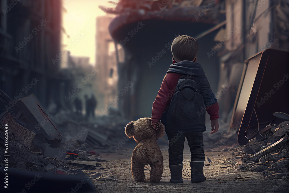 Kind mit Teddybär in der Hand läuft durch eine zerstörte Stadt nach der Erdbeben Katastrophe in der Türkei und sucht nach seiner Familie  - Generative Ai - obrazy, fototapety, plakaty 