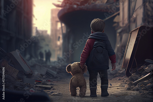 Kind mit Teddybär in der Hand läuft durch eine zerstörte Stadt nach der Erdbeben Katastrophe in der Türkei und sucht nach seiner Familie - Generative Ai