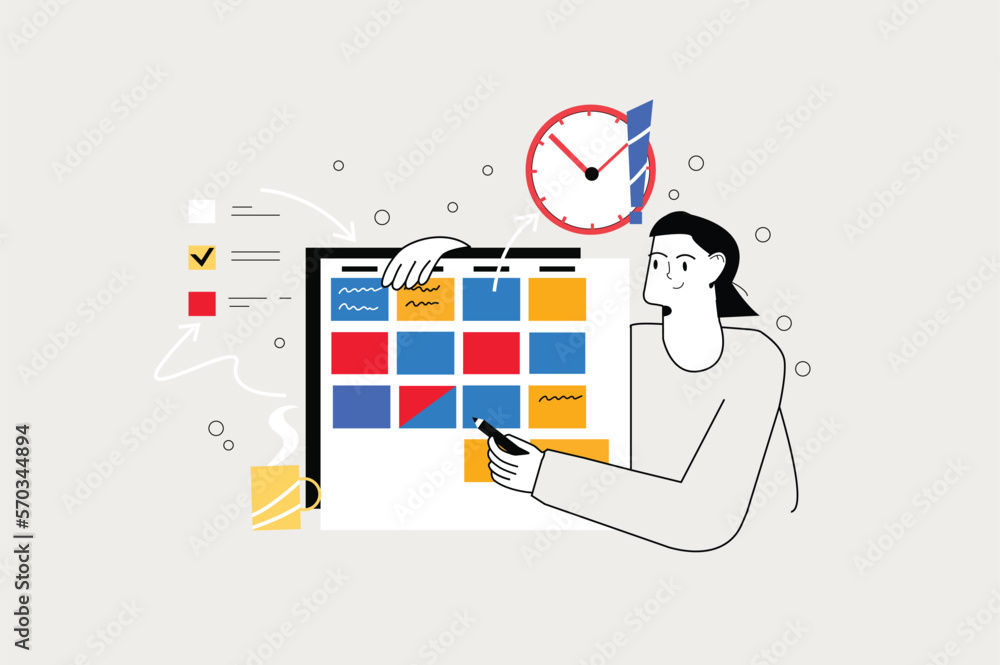 Daily planner line concept with people scene in the flat cartoon design ...
