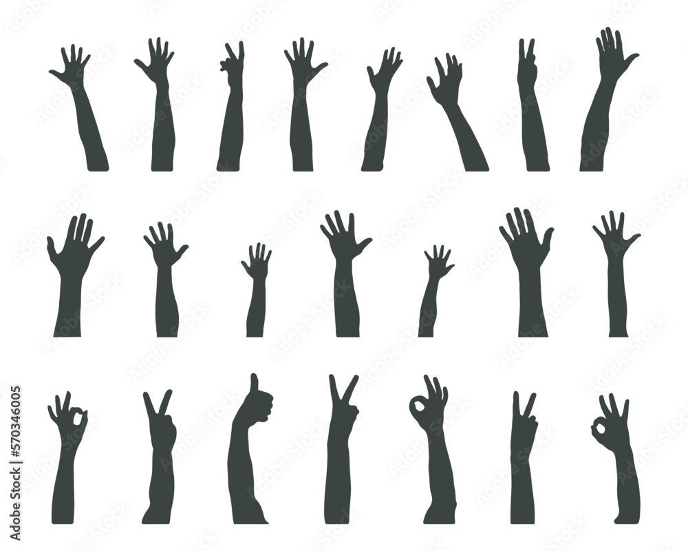 Fototapeta premium Many hands silhouettes, Raised hands vector silhouettes