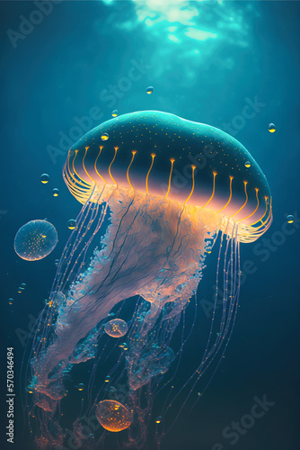 huge jellyfish at the bottom of the sea with sunlight spilling over its rubbery surface. seabed creature, created with Generative AI technology