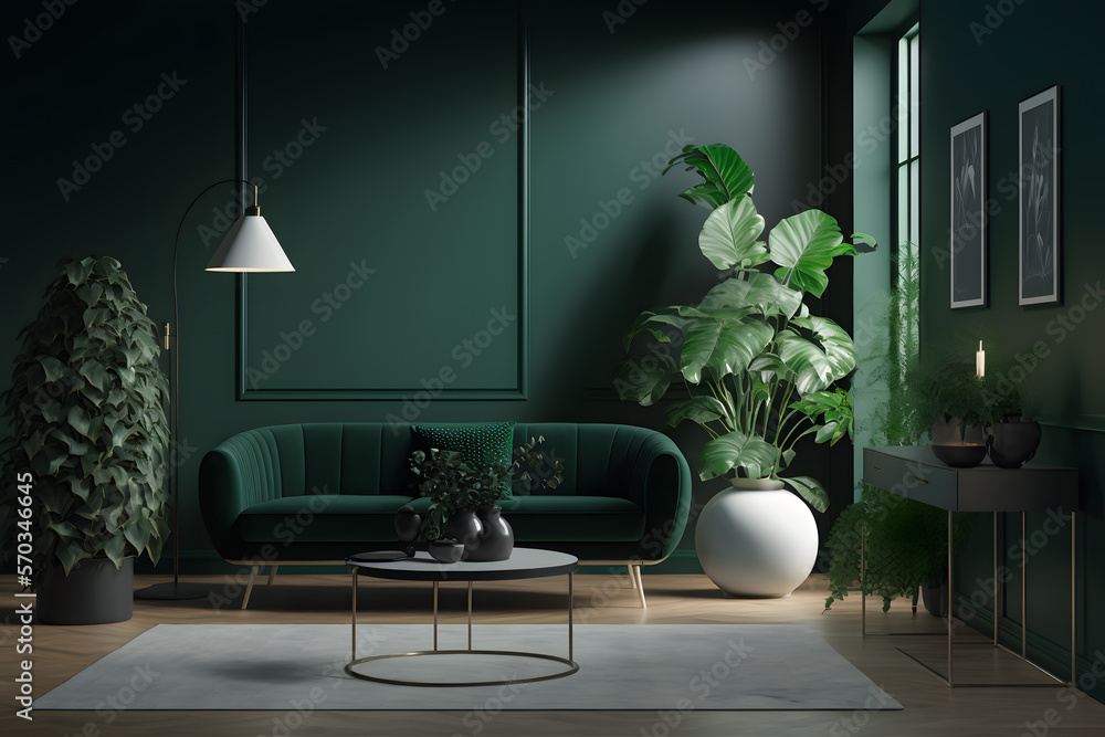 Modern cozy living room with monochrome emerald green wall ...