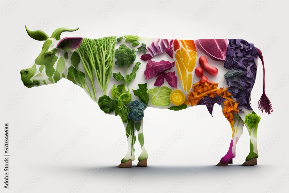 Cow made of vegetables, vegetarian concept, AI generated. Vegetarianism