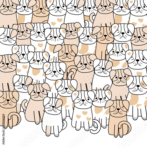 Hand Drawn Doodles Pets.Collection of funny dogs in cartoon style with different color. Cute pet in daily routine, isolated on white background. Vector illustration
