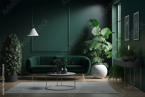 Modern cozy living room with monochrome emerald green wall. Contemporary interior design with dark wall color, table and sofa. Generative AI.