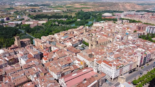 Aerial perspective of touristic Spanish city - Logrono. View of old town with beautiful Cathedral in the middle. In background Ebro River. Logrono  is the capital of the province of La Rioja. Backward photo