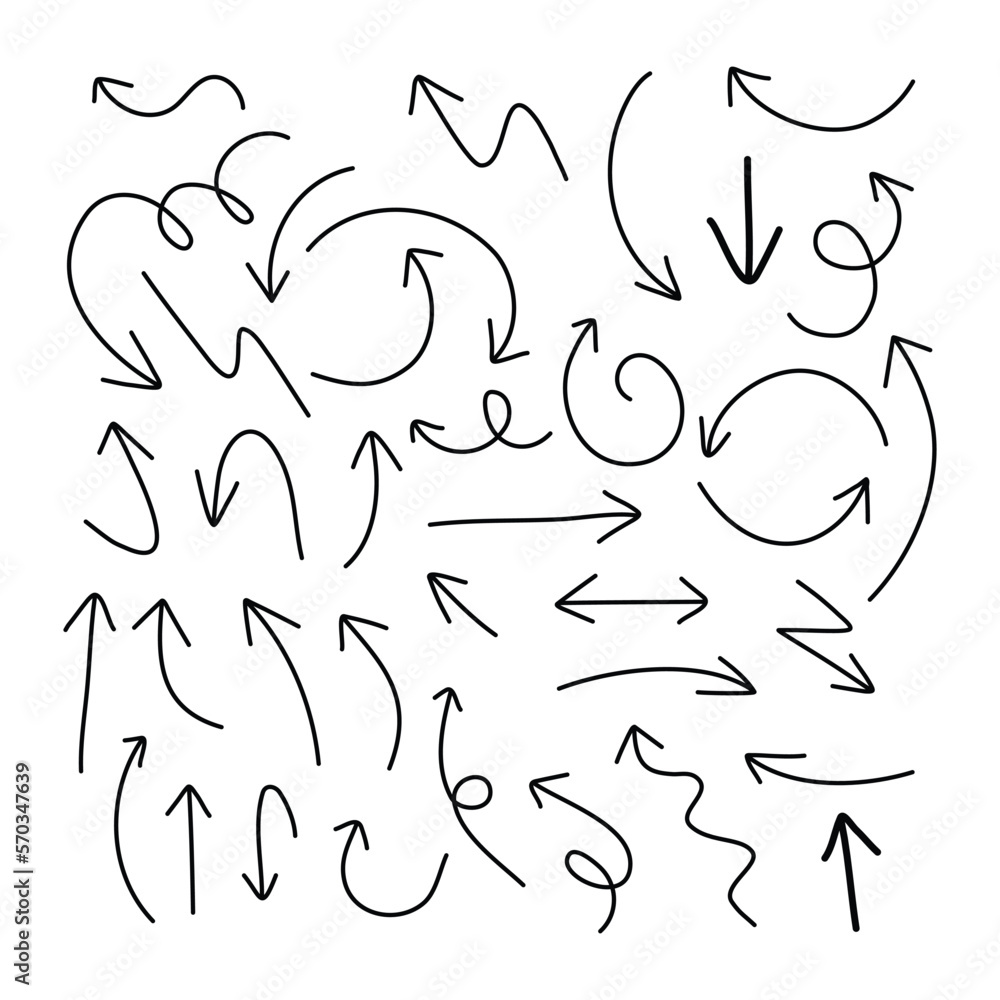 Hand drawn arrow set black sign or symbol element doodle design Hand drawn arrow set black sign or symbol element doodle design