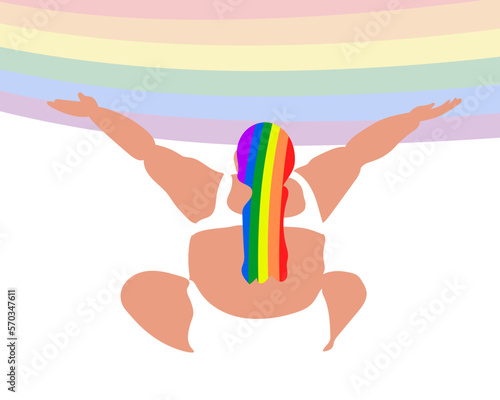 LGBTQ Rainbow. LGBT rights conceptual illustration. Happy girl sitting in lotos pose. Flat editable vector, clip art 