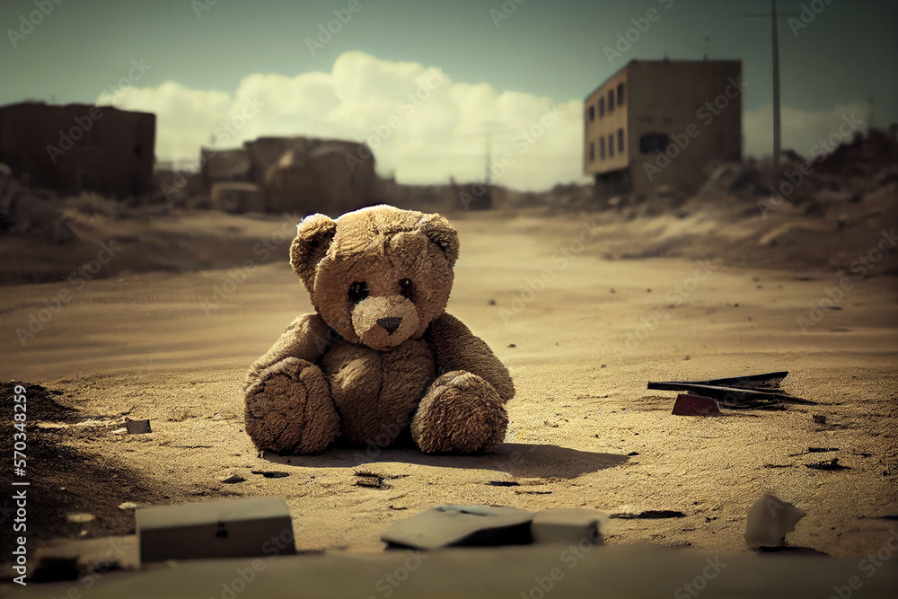 Teddybär liegt im Schutt einer zerstörte Stadt nach der Erdbeben Katastrophe in der Türkei - Generative Ai - obrazy, fototapety, plakaty 