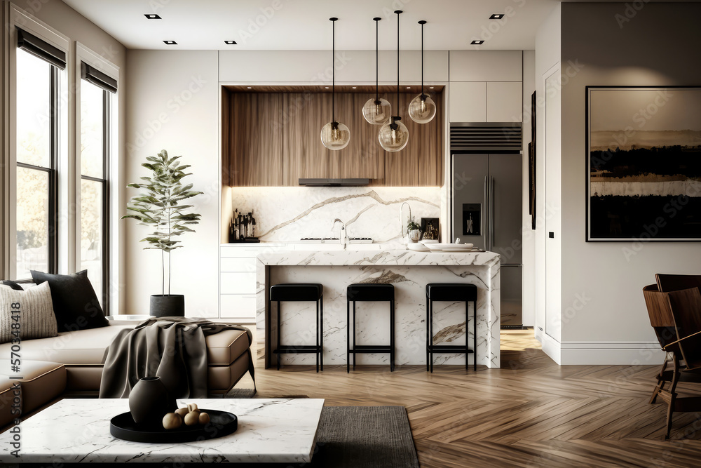 Sleek and modern living room with a beautiful open kitchen, featuring a ...