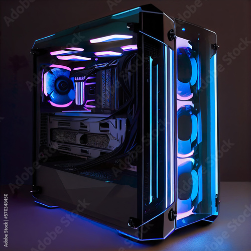 concept design of gaming workstation station custom pc computer build with glass windows and RGB rainbow led