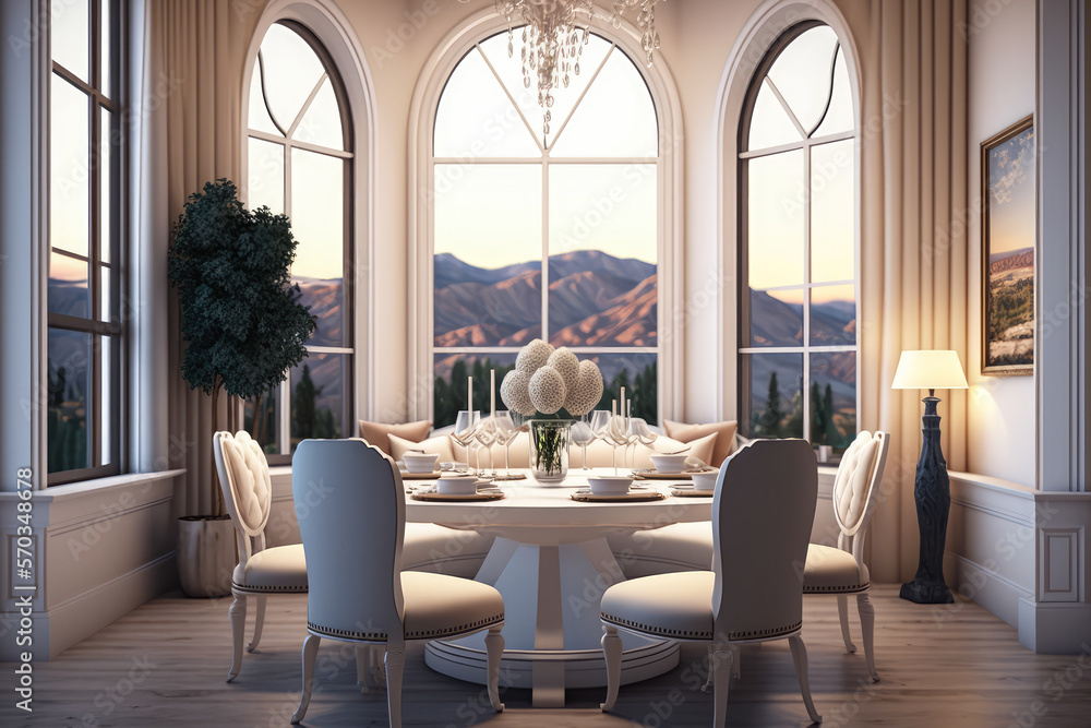 Spacious white dining room with large windows, comfortable seating, and breathtaking view, perfect for hosting dinner parties, generative ai