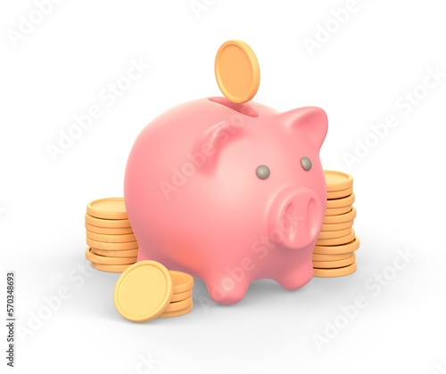 Realistic 3d icon of piggy bank and golden coins