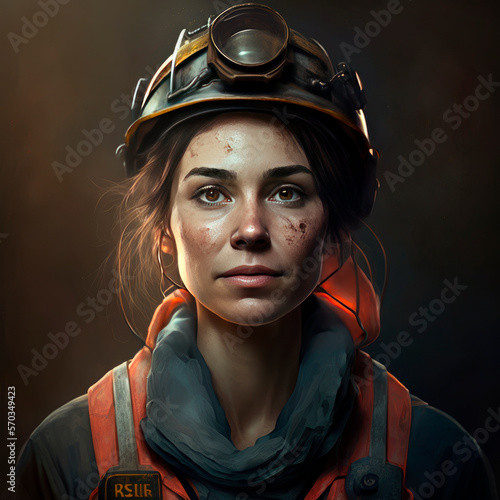 Portrait of a female worker in the mines wearing work clothes and a protective helmet,.