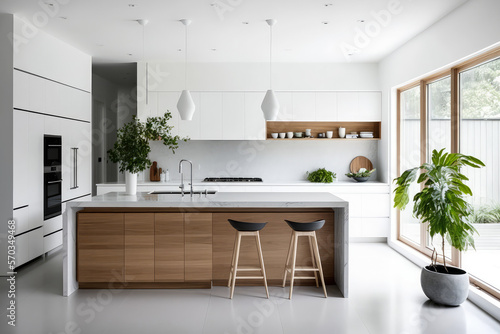 Timeless minimalist kitchen design with a wooden island and white cabinetry, generative ai photo