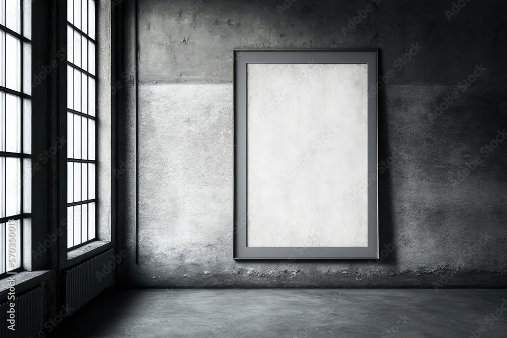 Blank poster frame on a textured concrete wall in an industrial loft, generative ai Blank poster frame on a textured concrete wall in an industrial loft, generative ai