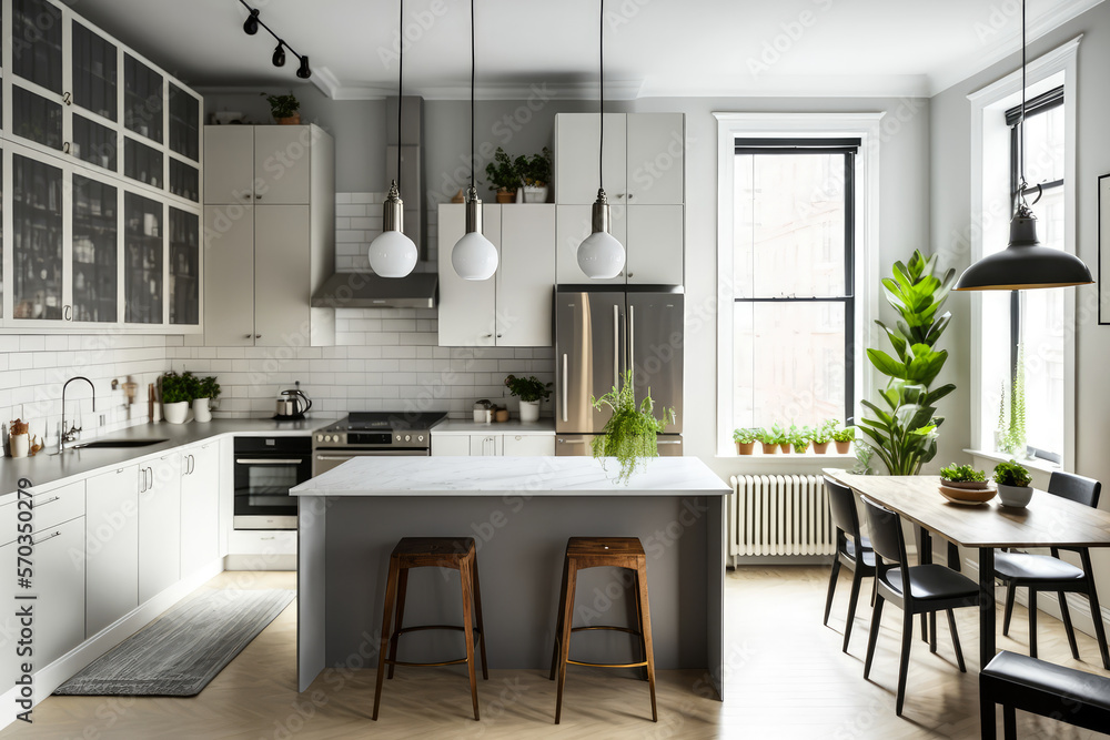 Bright and inviting Scandinavian loft apartment kitchen with a functional island, stainless steel appliances and pendant lights, generative ai