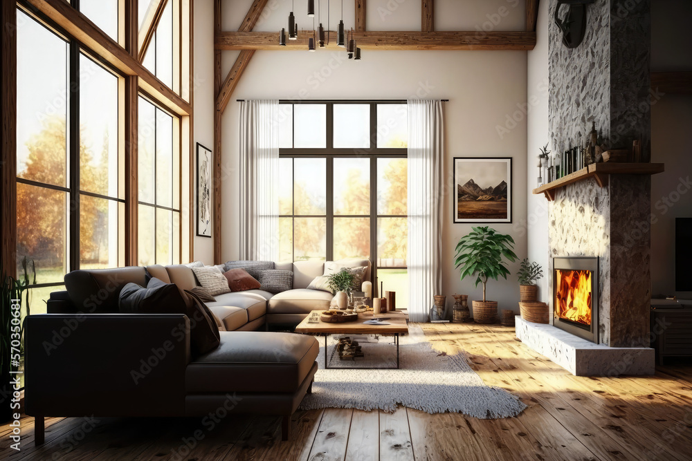 Comfortable living room with fireplace, wooden floor and big windows in a residential family house, generative ai