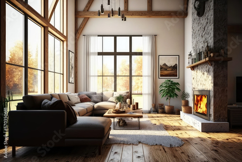 Comfortable living room with fireplace  wooden floor and big windows in a residential family house  generative ai
