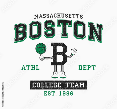 Boston basketball t-shirt design. Massachusetts, Boston college style tee shirt with mascot and basketball ball. Sport apparel print. Vector illustration.