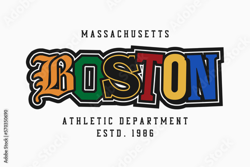 Boston t-shirt design with various letters. Boston, Massachusetts tee shirt print with color cut out college letters. Trendy apparel print. Vector illustration.