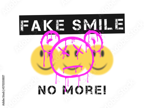 Slogan t-shirt design with blurred emoji smiles and graffiti bear that melt and dripping. Typography graphics for tee shirt with smile, bear and slogan. Apparel print design. Vector illustration.