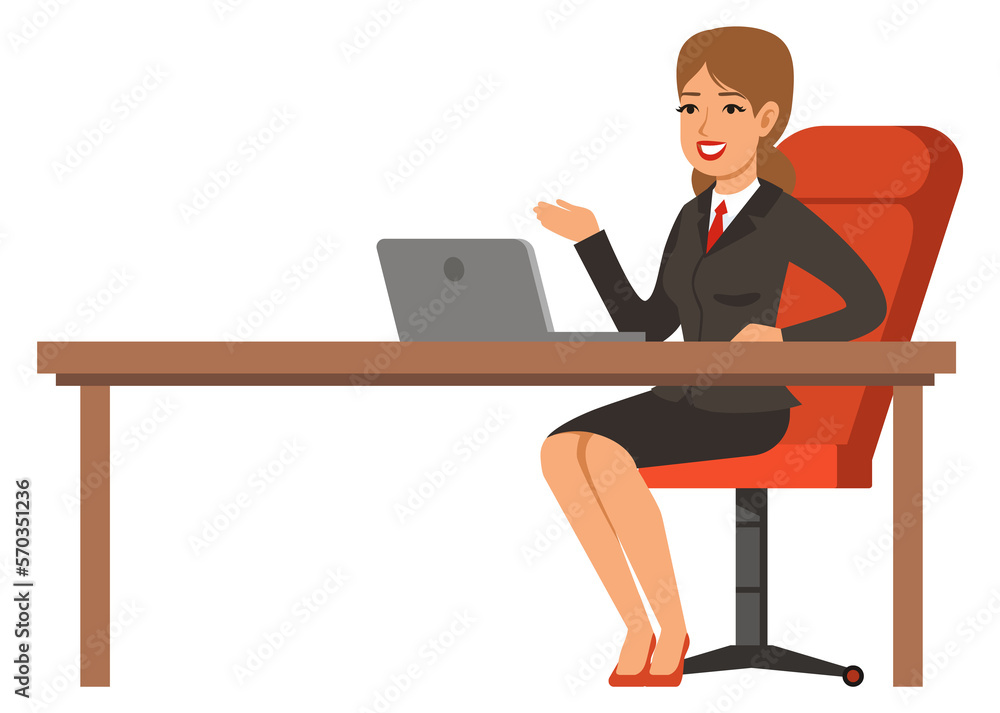 Businesswoman sit at work table with laptop. Office manager character Businesswoman sit at work table with laptop. Office manager character