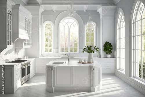 Elegant, all-white kitchen with intricate details and ample natural light, generative ai