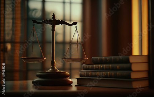 Scales of Justice in Library. Law concept of Judiciary, Jurisprudence and Justice. Copy space. Based on Generative AI