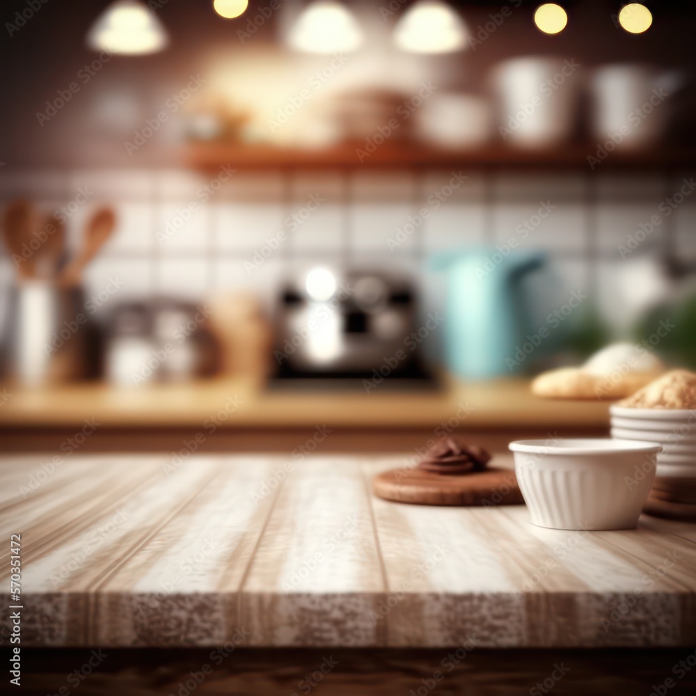 Stylish Wooden Table Top on Blurred Kitchen Background - Ideal for Product Displays and Design Layouts created by generative AI Stylish Wooden Table Top on Blurred Kitchen Background - Ideal for Product Displays and Design Layouts created by generative AI