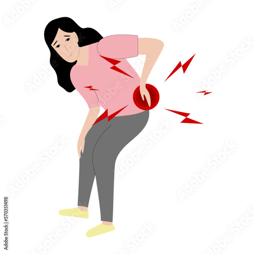Asian Woman has low back pain and sciatica from a herniated disc. Medical diagrams about trapped nerves make patients chronic pain in the back and paralysis. Vector illustration.