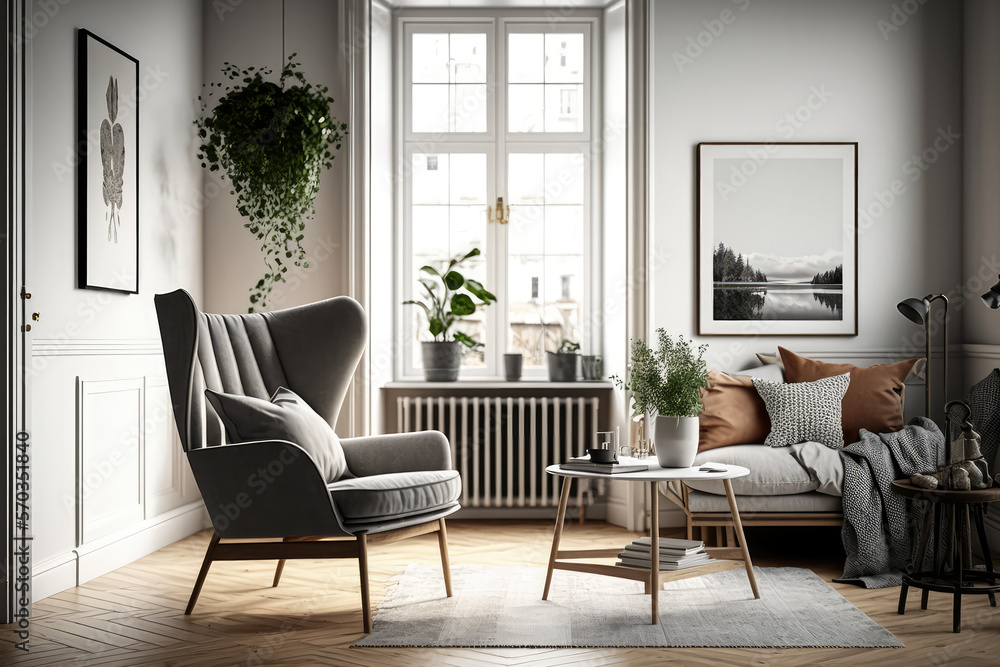 Elegant scandinavian living room with a comfortable design armchair and clean lines, generative ai
