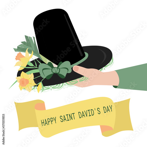 Happy Saint David's Day. hat illustration with daffodils and leek