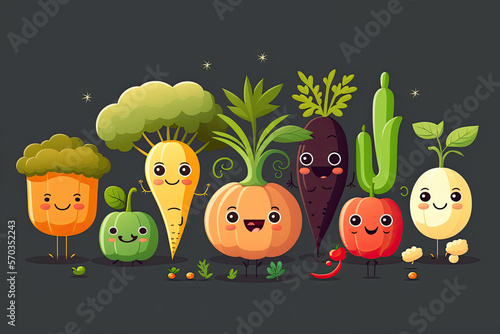 Colorful images of cute vegetables and fruits. Flat design objects for illustration. Cartoon food characters for kids. Generative AI
