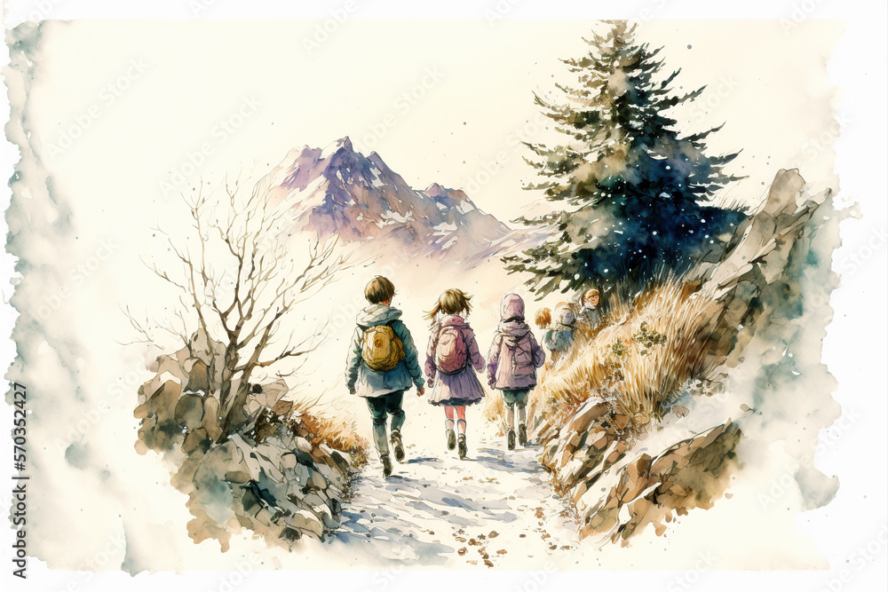 Ilustración niños caminando por la montaña, AI Generativa