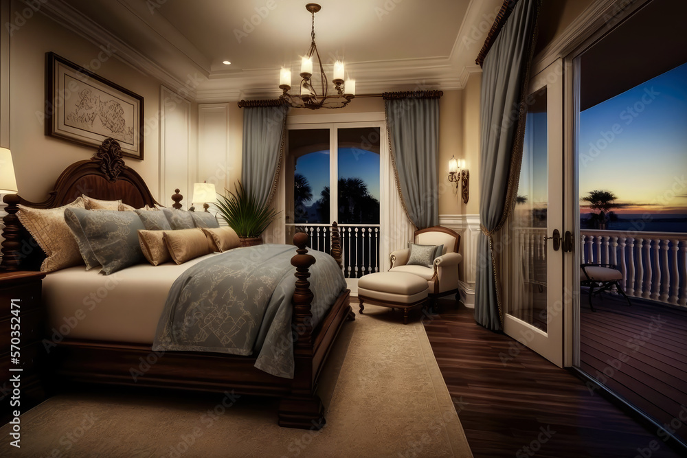 Lavish master bedroom with king-size bed and private balcony, generative ai