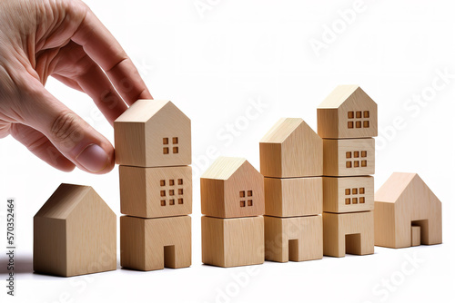 Real estate, rental and investment concept. Human hand placing house shaped wooden blocks together. White background. Generative AI Illustration