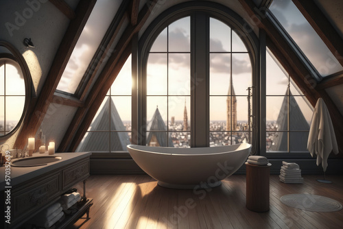 Luxurious attic bathroom with freestanding bathtub and city view  generative ai
