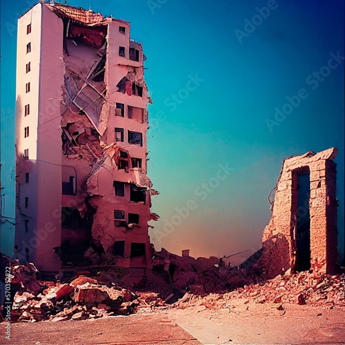 Ruined building, destroyed, rubble, disaster, earthquake
