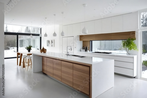 Wallpaper Mural Minimalist kitchen design with white cabinetry and a large wooden island, generative ai Torontodigital.ca